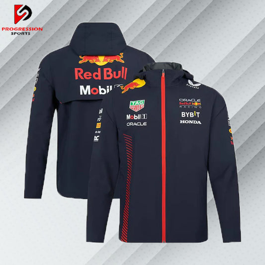 "Black Red Bull jacket designed by Progression Sports, featuring premium embroidery, a sleek fit, and customizable details for a dynamic and stylish look."