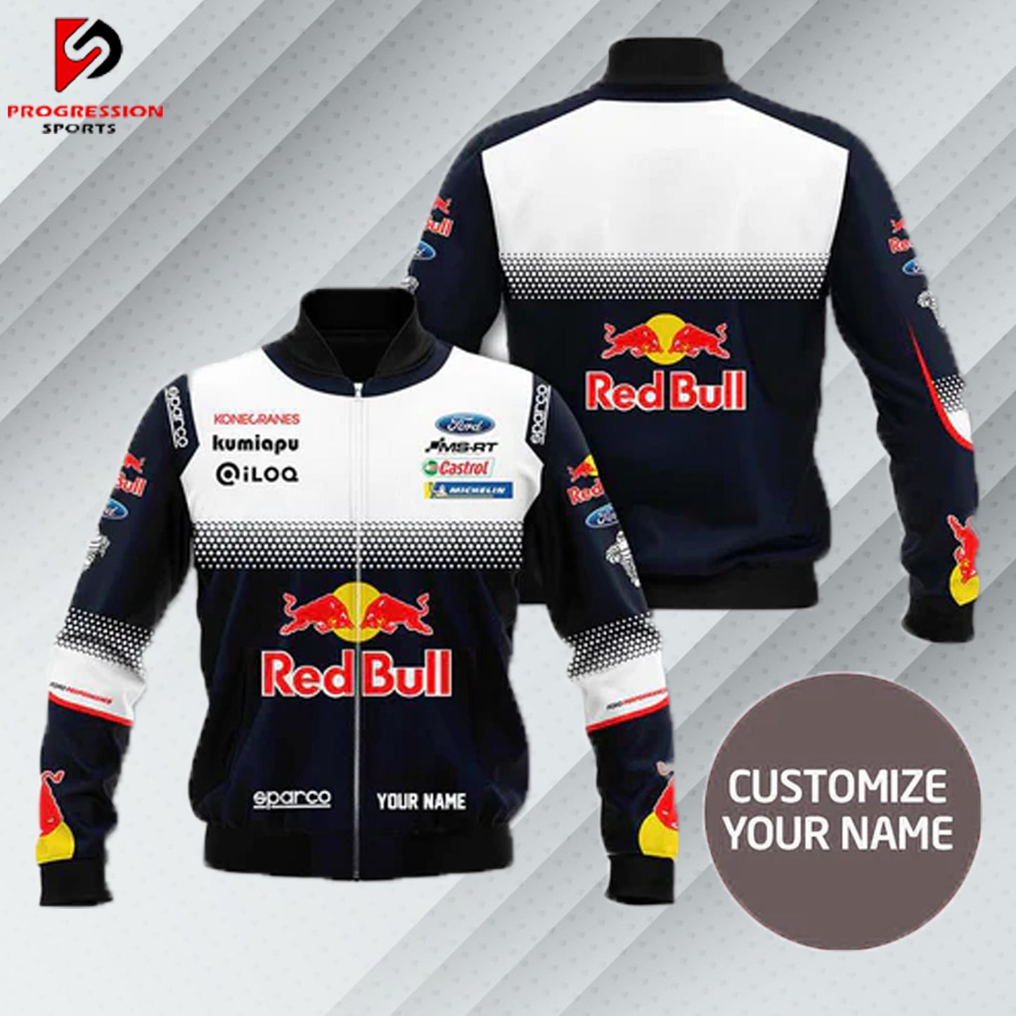 "Red Bull jacket designed by Progression Sports, featuring premium embroidery, a sleek fit, and customizable details for a dynamic and stylish look."