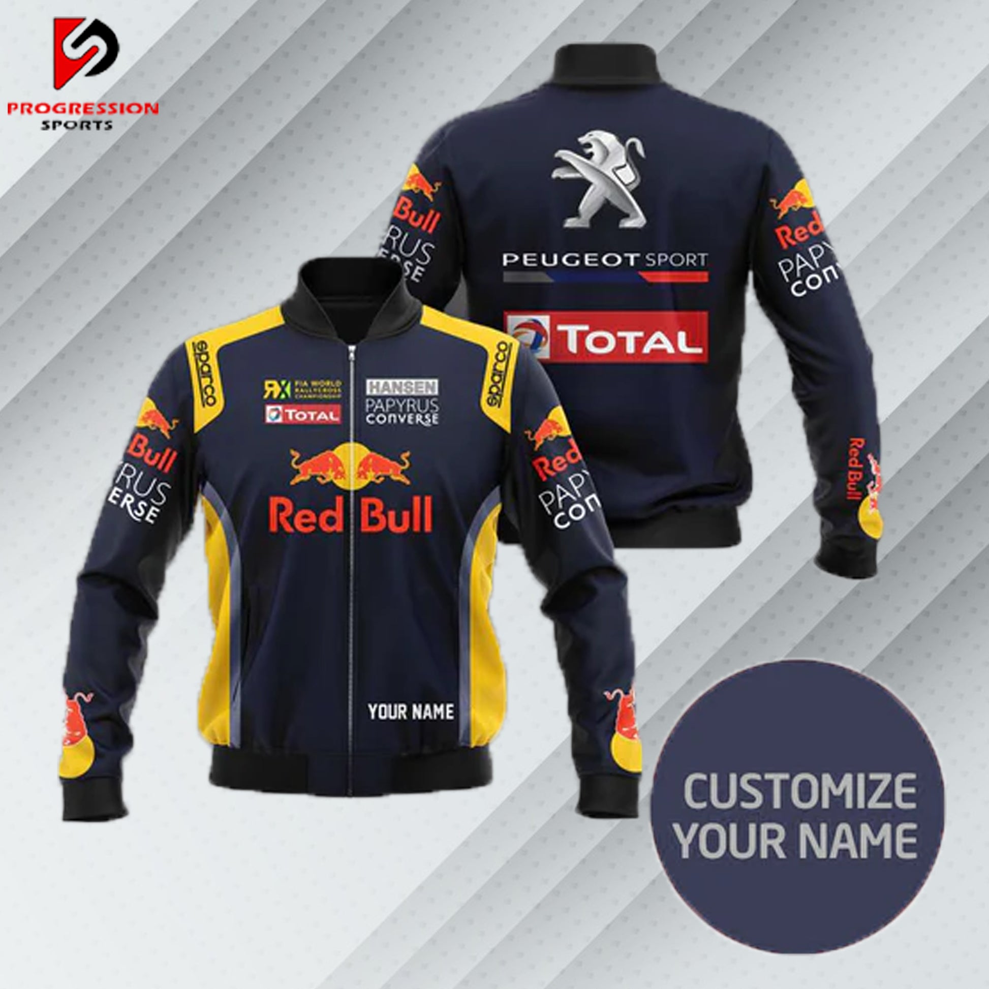 "Red Bull jacket designed by Progression Sports, featuring premium embroidery, a sleek fit, and customizable details for a dynamic and stylish look."