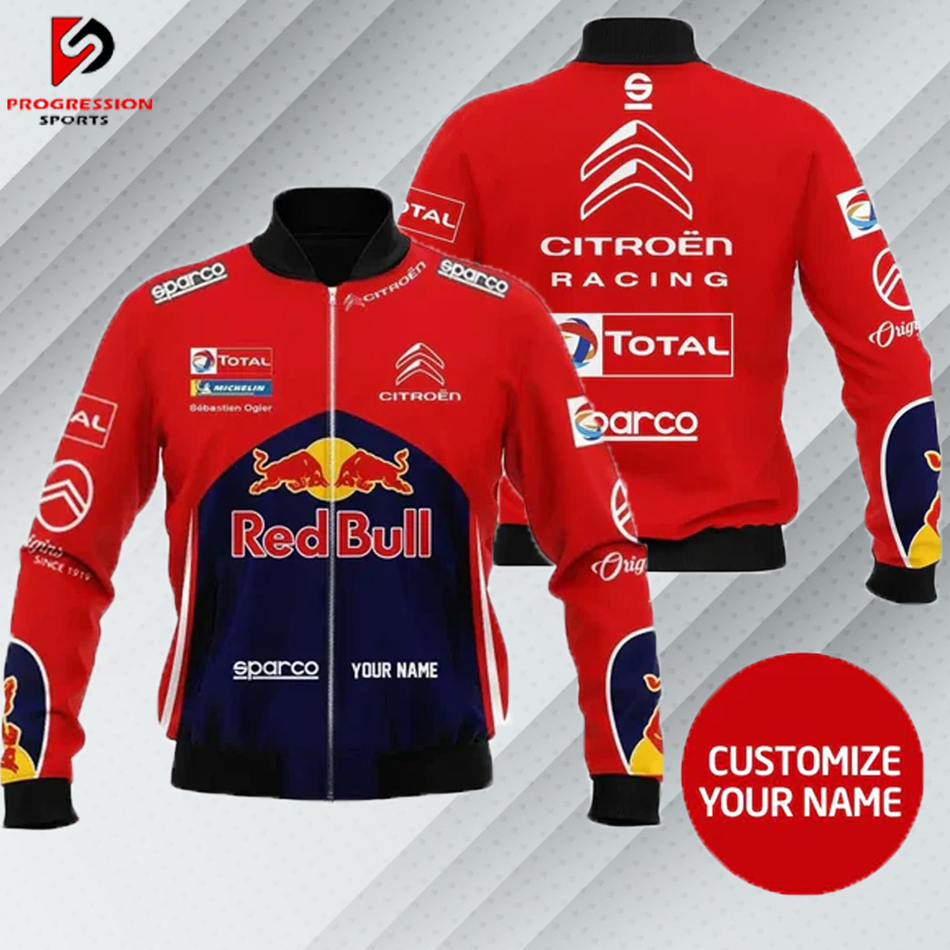 "Red Bull jacket designed by Progression Sports, featuring premium embroidery, a sleek fit, and customizable details for a dynamic and stylish look."