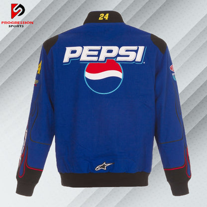 "Image of a NASCAR jacket featuring bold racing logos and vibrant colors. The jacket has a sleek design with sponsor patches, a zippered front, and a stand-up collar, embodying the classic NASCAR style."