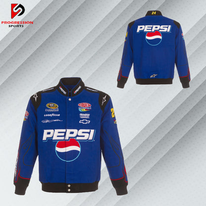 "Image of a NASCAR jacket featuring bold racing logos and vibrant colors. The jacket has a sleek design with sponsor patches, a zippered front, and a stand-up collar, embodying the classic NASCAR style."