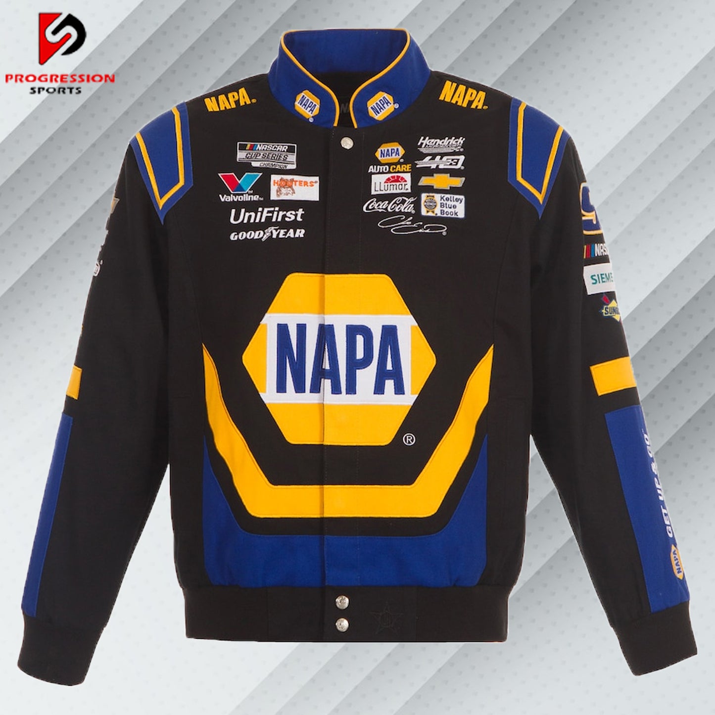 "Image of a NASCAR jacket featuring bold racing logos and vibrant colors. The jacket has a sleek design with sponsor patches, a zippered front, and a stand-up collar, embodying the classic NASCAR style."