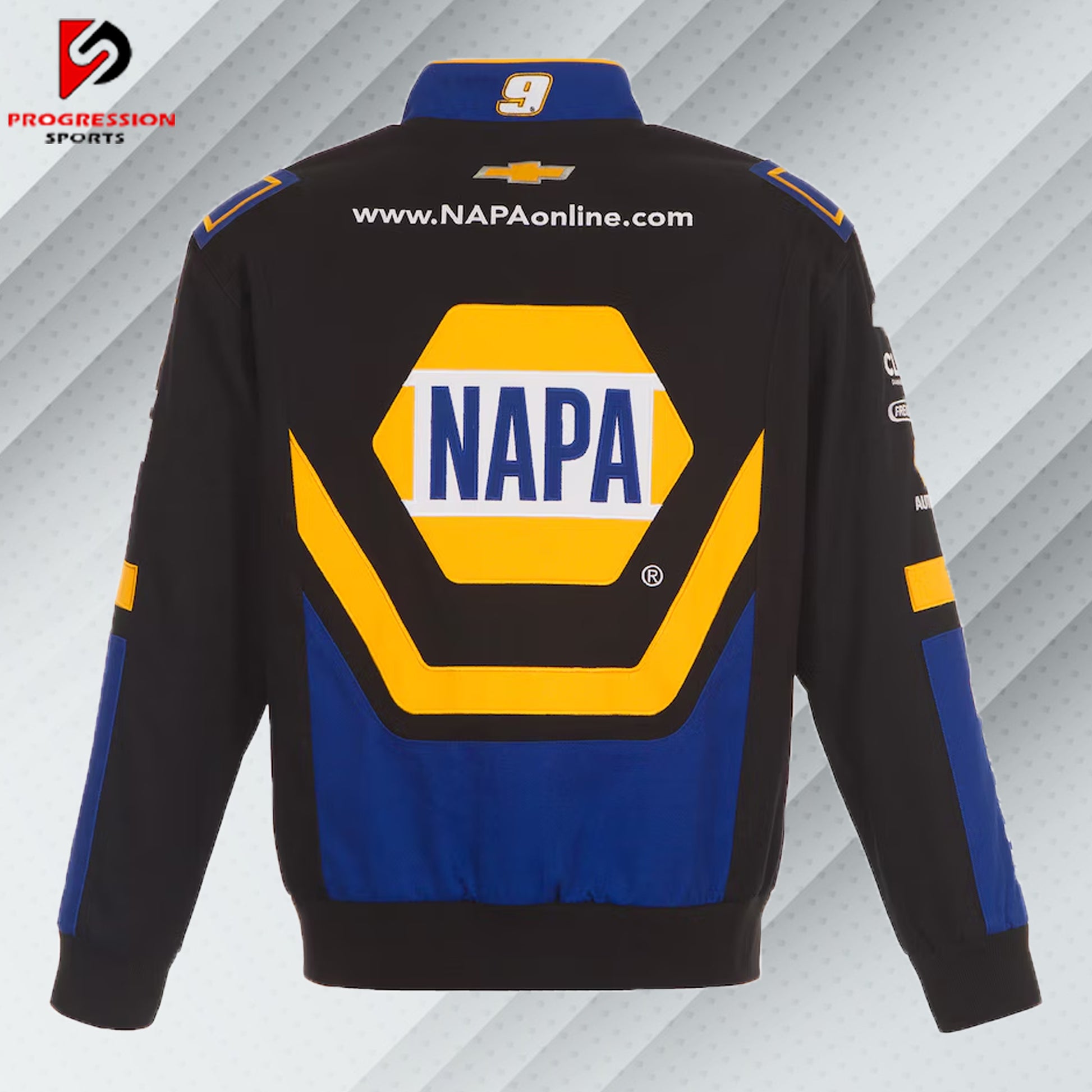 "Image of a NASCAR jacket featuring bold racing logos and vibrant colors. The jacket has a sleek design with sponsor patches, a zippered front, and a stand-up collar, embodying the classic NASCAR style."