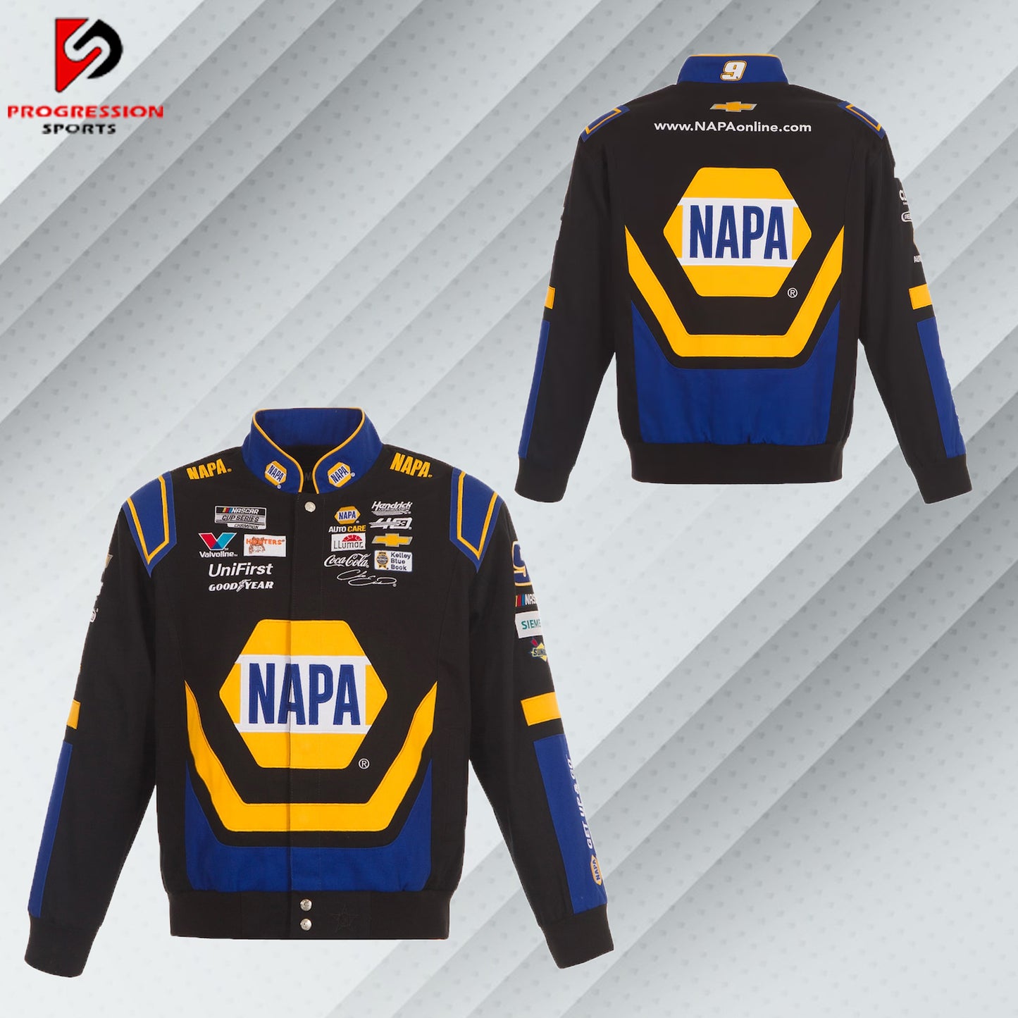 "Image of a NASCAR jacket featuring bold racing logos and vibrant colors. The jacket has a sleek design with sponsor patches, a zippered front, and a stand-up collar, embodying the classic NASCAR style."