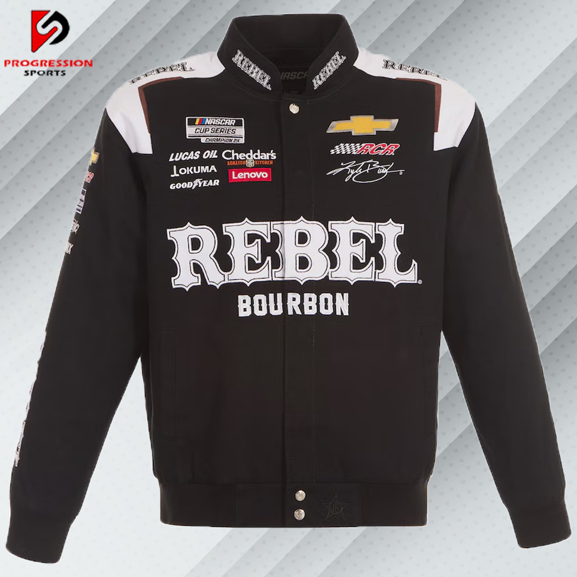 "Image of a NASCAR jacket featuring bold racing logos and vibrant colors. The jacket has a sleek design with sponsor patches, a zippered front, and a stand-up collar, embodying the classic NASCAR style."