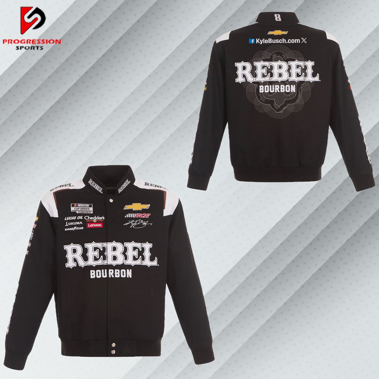 "Image of a NASCAR jacket featuring bold racing logos and vibrant colors. The jacket has a sleek design with sponsor patches, a zippered front, and a stand-up collar, embodying the classic NASCAR style."