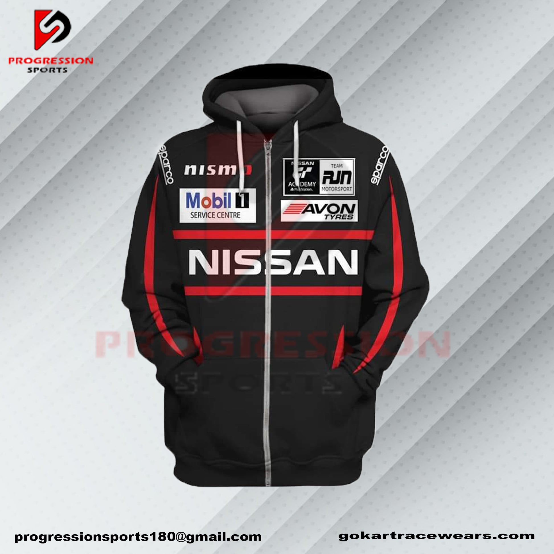 A F1 hoodie designed by Progression Sports, showcasing bold racing-inspired graphics. The hoodie features advanced printing technology for crisp, vibrant designs, a tailored fit for comfort, and durable, breathable fabric. Personalized name and flag options available.