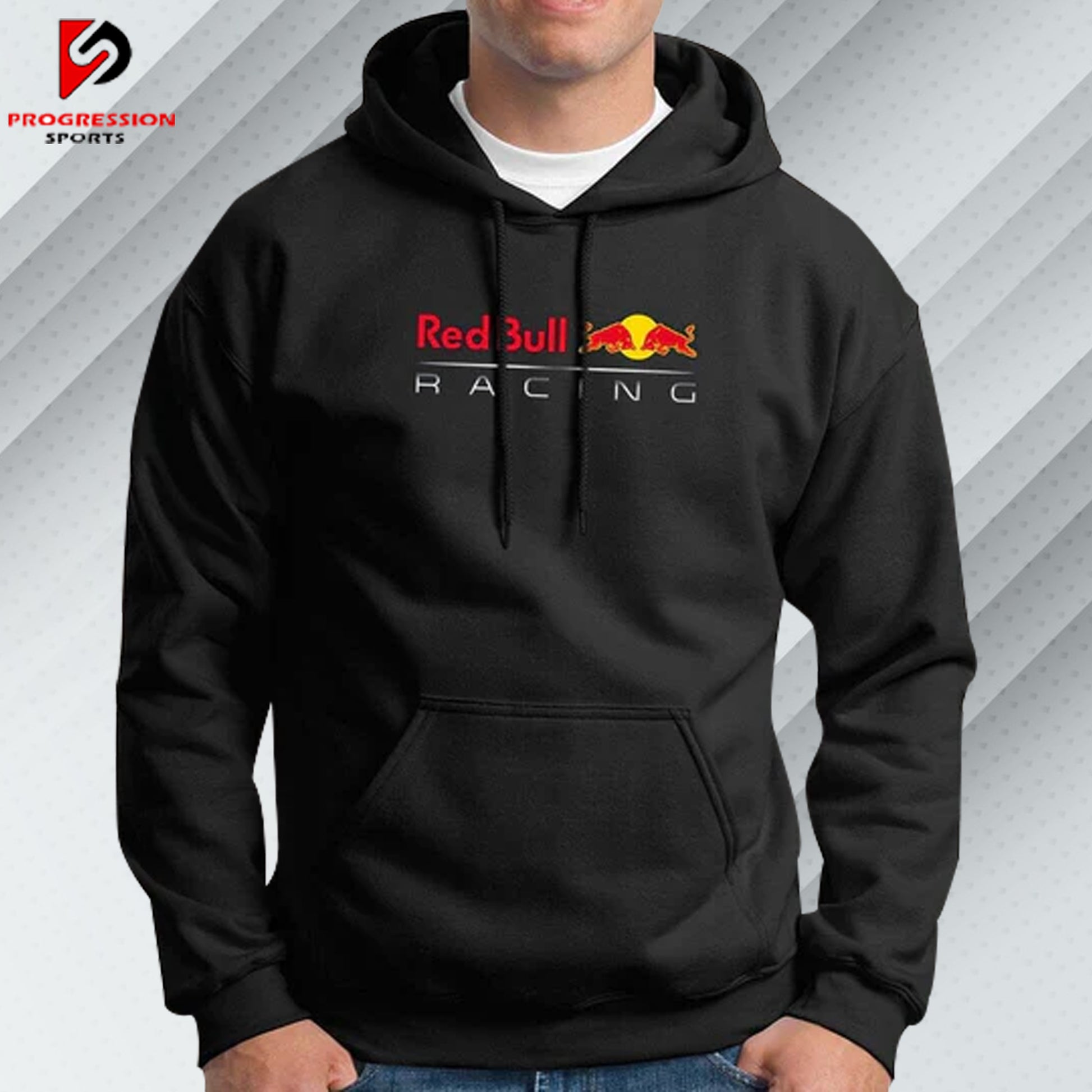 A F1 hoodie designed by Progression Sports, showcasing bold racing-inspired graphics. The hoodie features advanced printing technology for crisp, vibrant designs, a tailored fit for comfort, and durable, breathable fabric. Personalized name and flag options available.