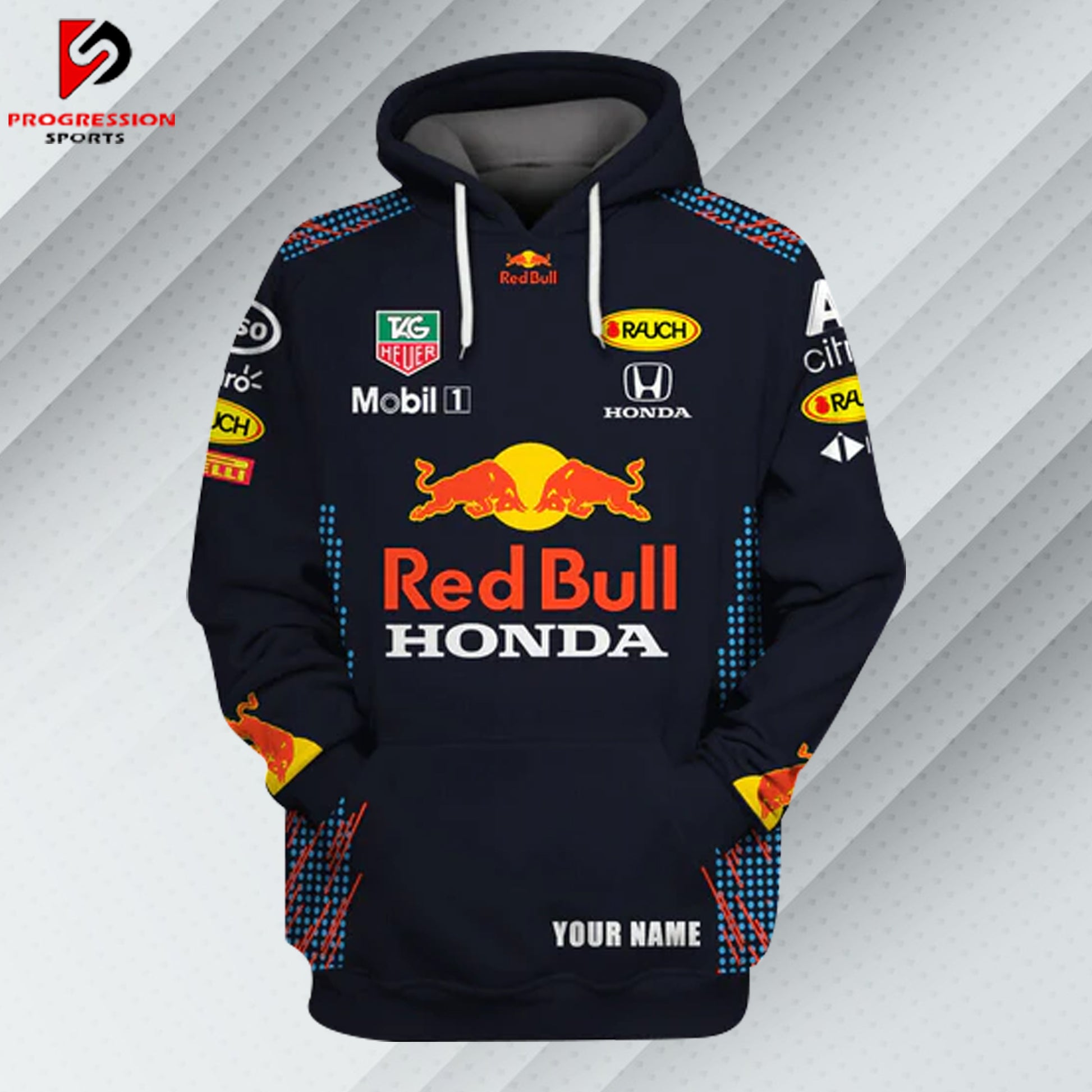 A F1 hoodie designed by Progression Sports, showcasing bold racing-inspired graphics. The hoodie features advanced printing technology for crisp, vibrant designs, a tailored fit for comfort, and durable, breathable fabric. Personalized name and flag options available.