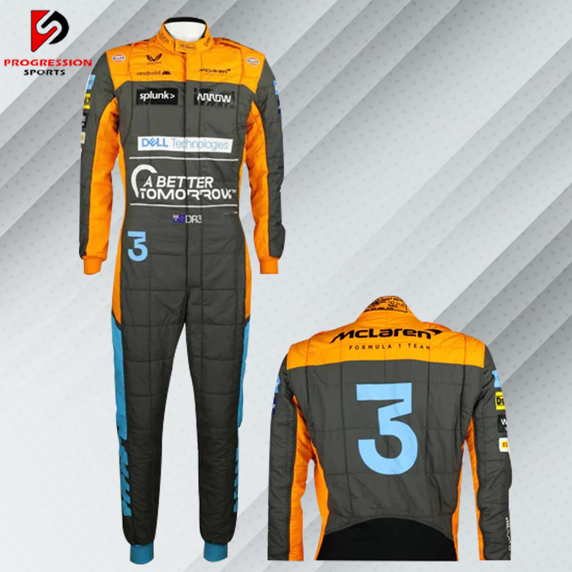 A McLaren F1 racing suit featuring the team's signature colors and branding, showcasing advanced materials for optimal performance and comfort.