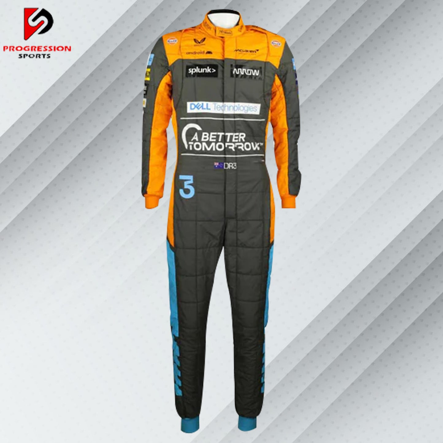 A McLaren F1 racing suit featuring the team's signature colors and branding, showcasing advanced materials for optimal performance and comfort.