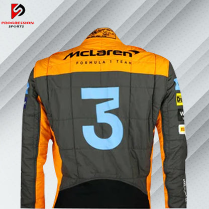 A McLaren F1 racing suit featuring the team's signature colors and branding, showcasing advanced materials for optimal performance and comfort.