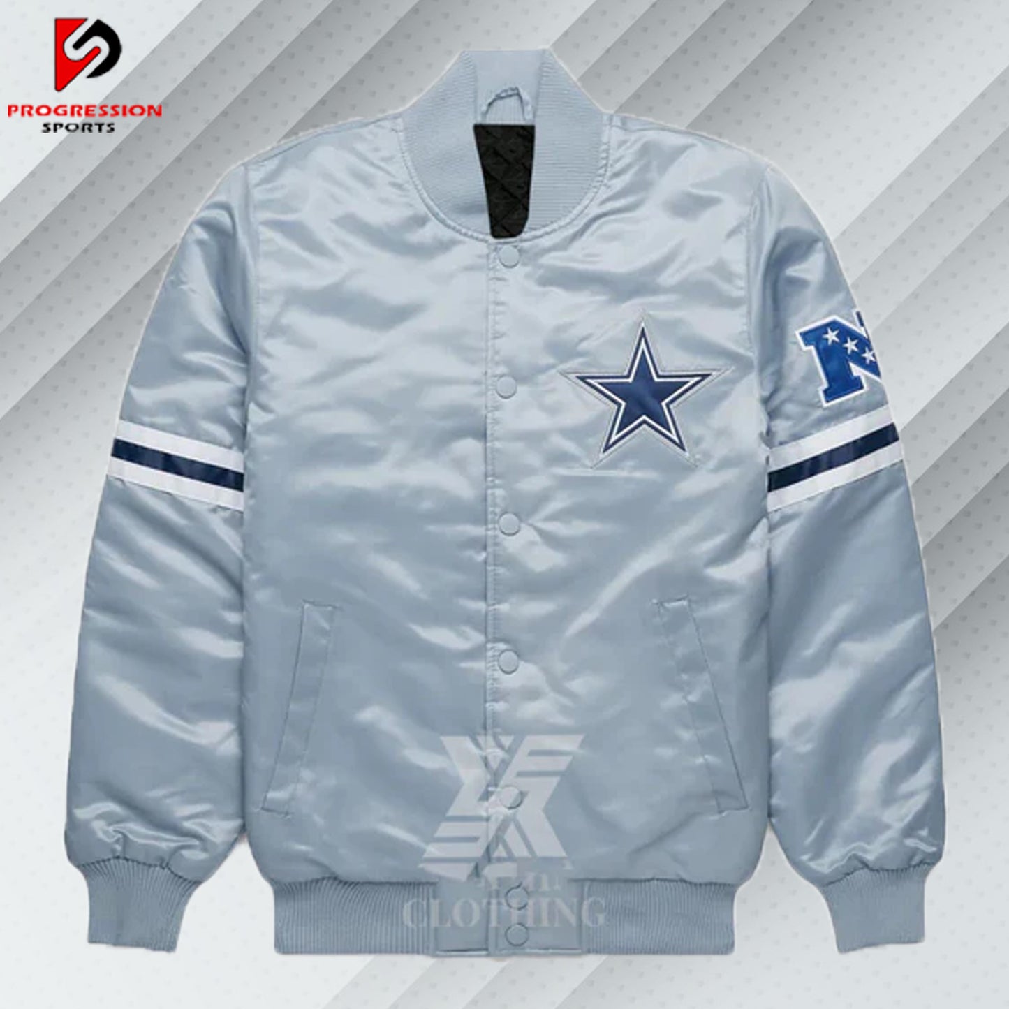 "A stylish varsity jacket featuring a classic design with ribbed cuffs, collar, and hem, showcasing bold contrasting colors and embroidered logos on the chest and back, perfect for a sporty yet casual look."