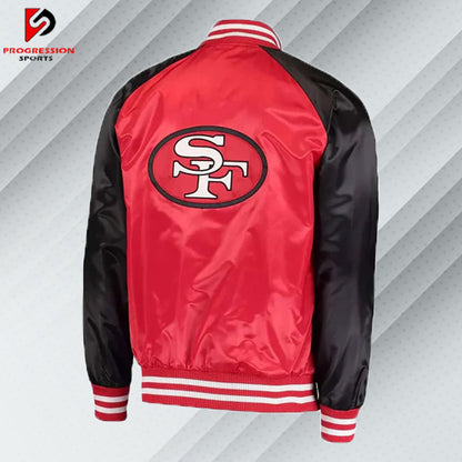 "A stylish varsity jacket featuring a classic design with ribbed cuffs, collar, and hem, showcasing bold contrasting colors and embroidered logos on the chest and back, perfect for a sporty yet casual look."