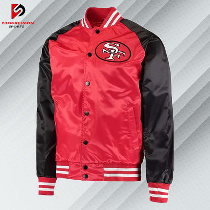 "A stylish varsity jacket featuring a classic design with ribbed cuffs, collar, and hem, showcasing bold contrasting colors and embroidered logos on the chest and back, perfect for a sporty yet casual look."