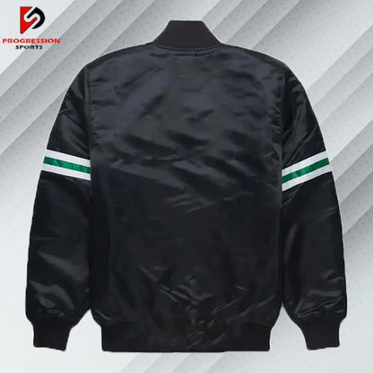 "A stylish varsity jacket featuring a classic design with ribbed cuffs, collar, and hem, showcasing bold contrasting colors and embroidered logos on the chest and back, perfect for a sporty yet casual look."