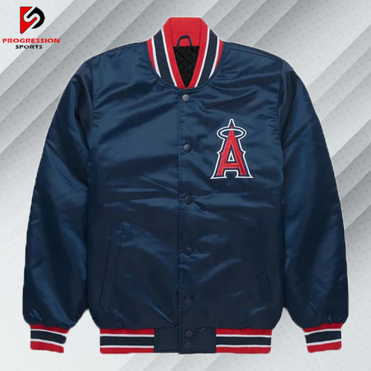 "A stylish varsity jacket featuring a classic design with ribbed cuffs, collar, and hem, showcasing bold contrasting colors and embroidered logos on the chest and back, perfect for a sporty yet casual look."