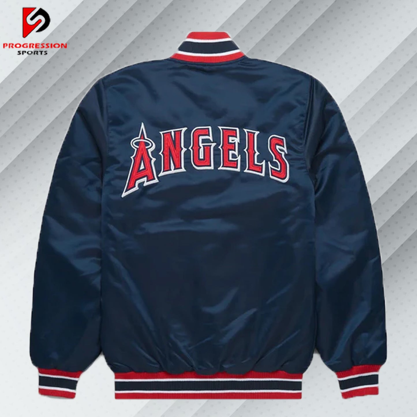 "A stylish varsity jacket featuring a classic design with ribbed cuffs, collar, and hem, showcasing bold contrasting colors and embroidered logos on the chest and back, perfect for a sporty yet casual look."