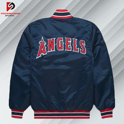 "A stylish varsity jacket featuring a classic design with ribbed cuffs, collar, and hem, showcasing bold contrasting colors and embroidered logos on the chest and back, perfect for a sporty yet casual look."