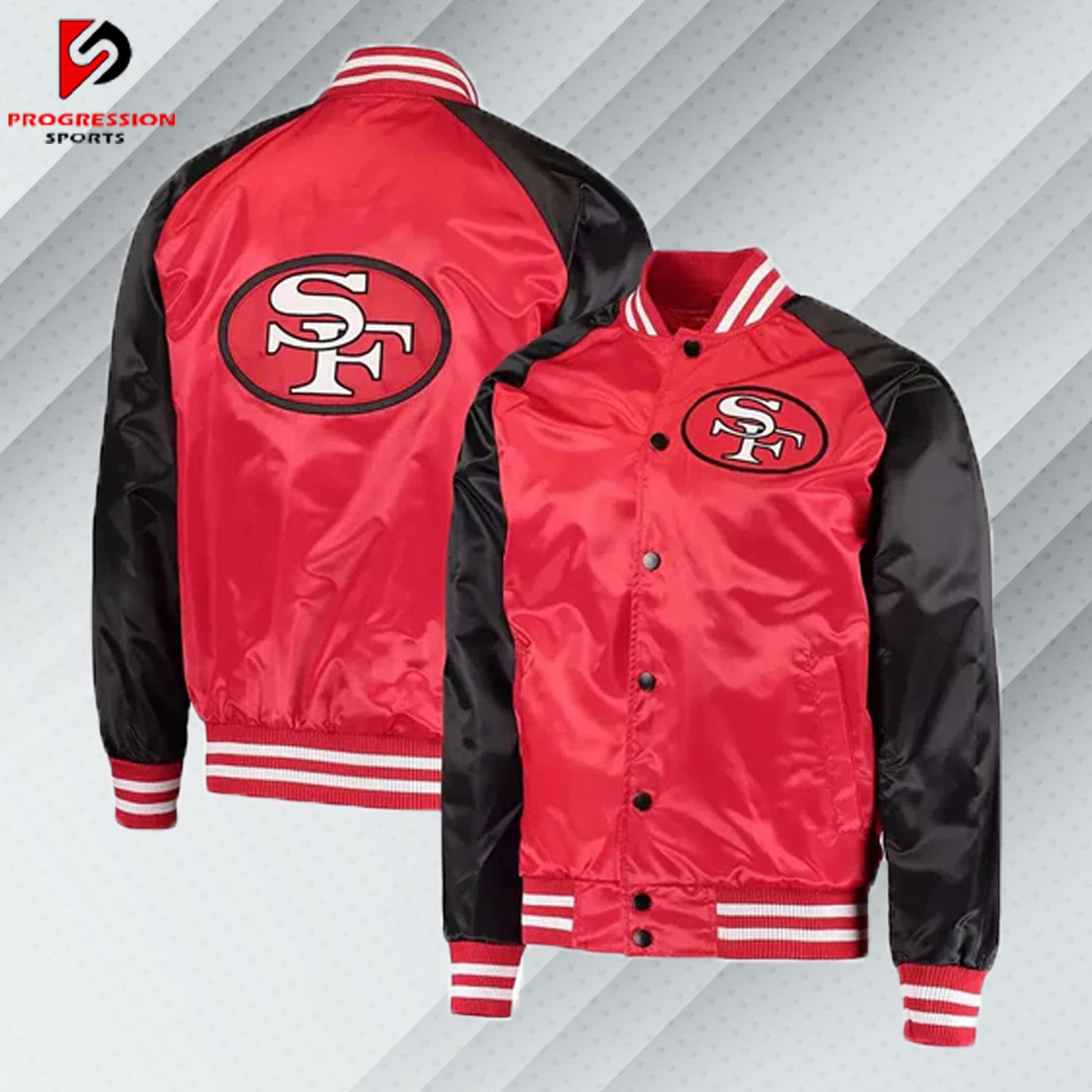 "Varsity jacket designed by Progression Sports, featuring classic styling with ribbed cuffs, collar, and hem, contrast sleeves, premium embroidery, and customizable options including name patches and logos. The jacket offers a tailored fit, comfortable and durable fabric, and personalized touches for a unique look."