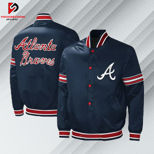 "Varsity jacket designed by Progression Sports, featuring classic styling with ribbed cuffs, collar, and hem, contrast sleeves, premium embroidery, and customizable options including name patches and logos. The jacket offers a tailored fit, comfortable and durable fabric, and personalized touches for a unique look."