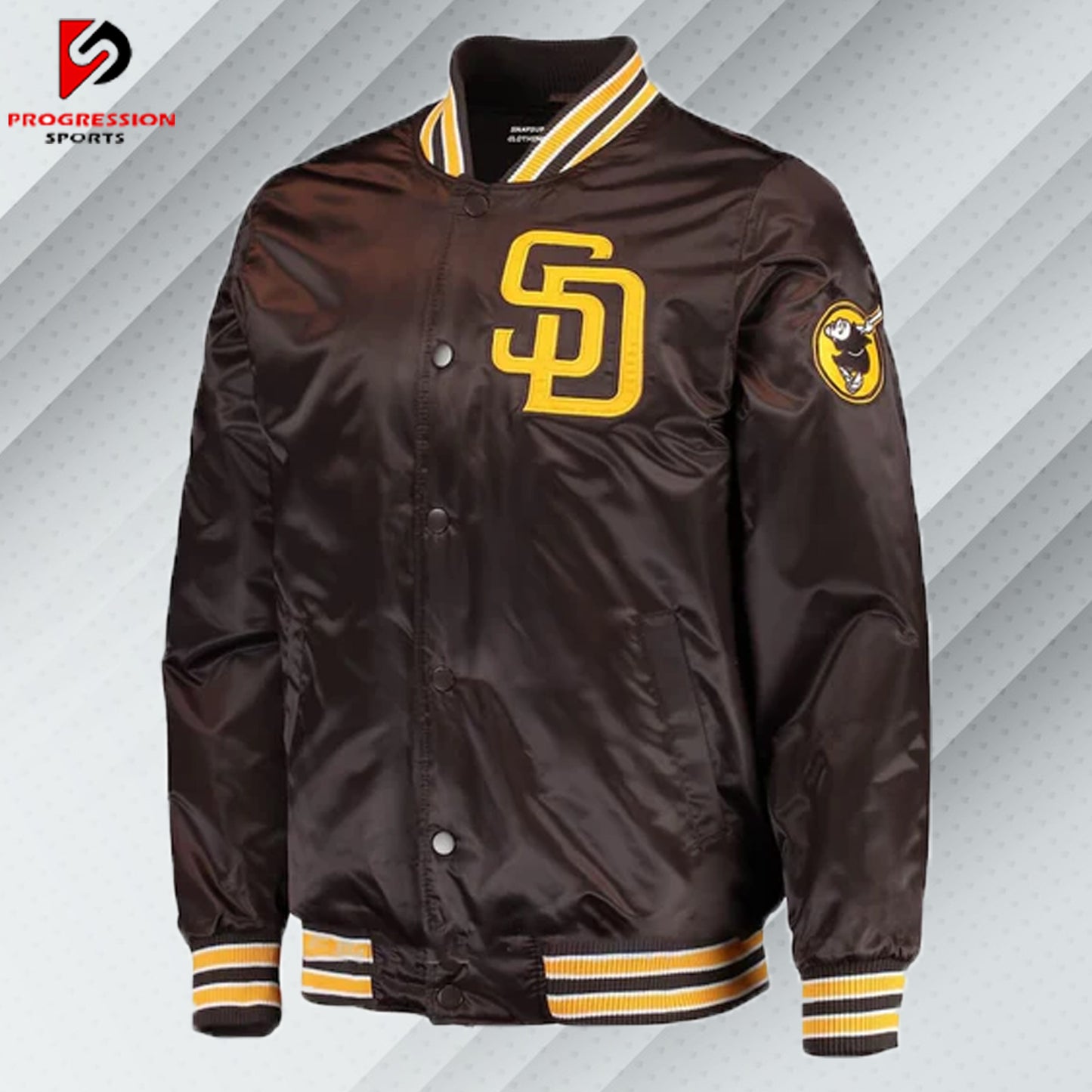 "A stylish varsity jacket featuring a classic design with ribbed cuffs, collar, and hem, showcasing bold contrasting colors and embroidered logos on the chest and back, perfect for a sporty yet casual look."