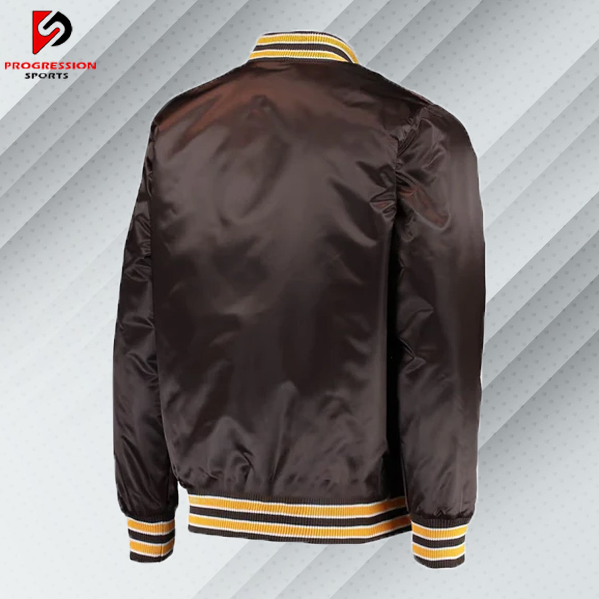 "A stylish varsity jacket featuring a classic design with ribbed cuffs, collar, and hem, showcasing bold contrasting colors and embroidered logos on the chest and back, perfect for a sporty yet casual look."