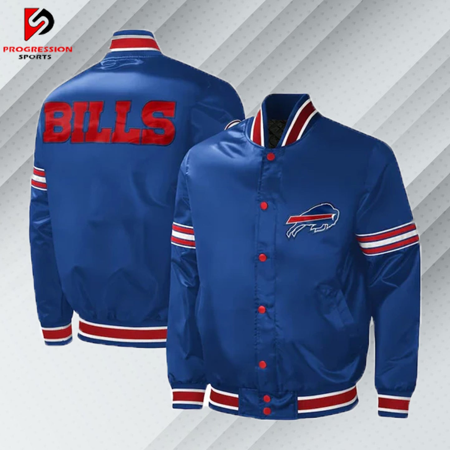 "Varsity jacket designed by Progression Sports, featuring classic styling with ribbed cuffs, collar, and hem, contrast sleeves, premium embroidery, and customizable options including name patches and logos. The jacket offers a tailored fit, comfortable and durable fabric, and personalized touches for a unique look."