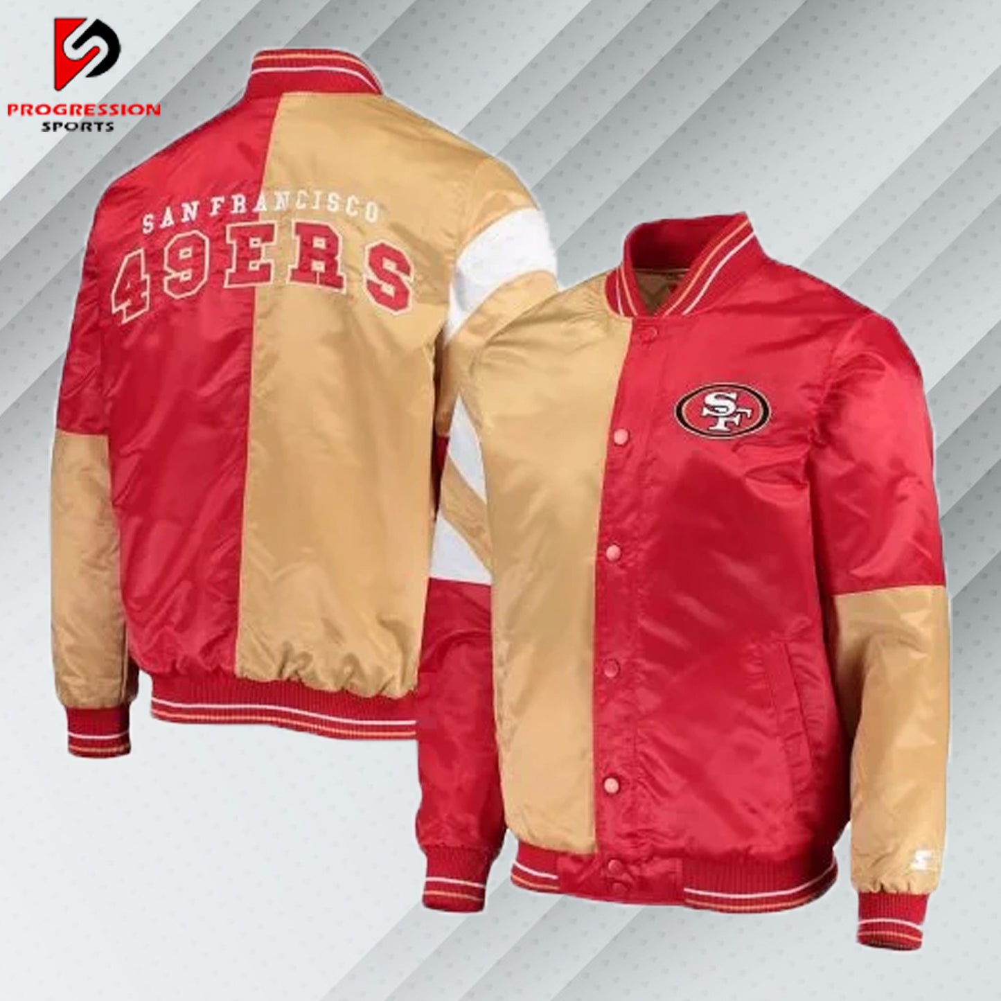 "Varsity jacket designed by Progression Sports, featuring classic styling with ribbed cuffs, collar, and hem, contrast sleeves, premium embroidery, and customizable options including name patches and logos. The jacket offers a tailored fit, comfortable and durable fabric, and personalized touches for a unique look."