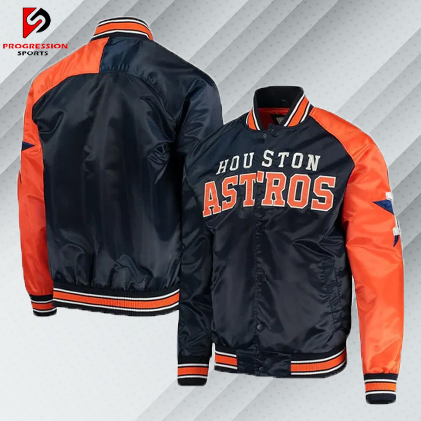 "Varsity jacket designed by Progression Sports, featuring classic styling with ribbed cuffs, collar, and hem, contrast sleeves, premium embroidery, and customizable options including name patches and logos. The jacket offers a tailored fit, comfortable and durable fabric, and personalized touches for a unique look."