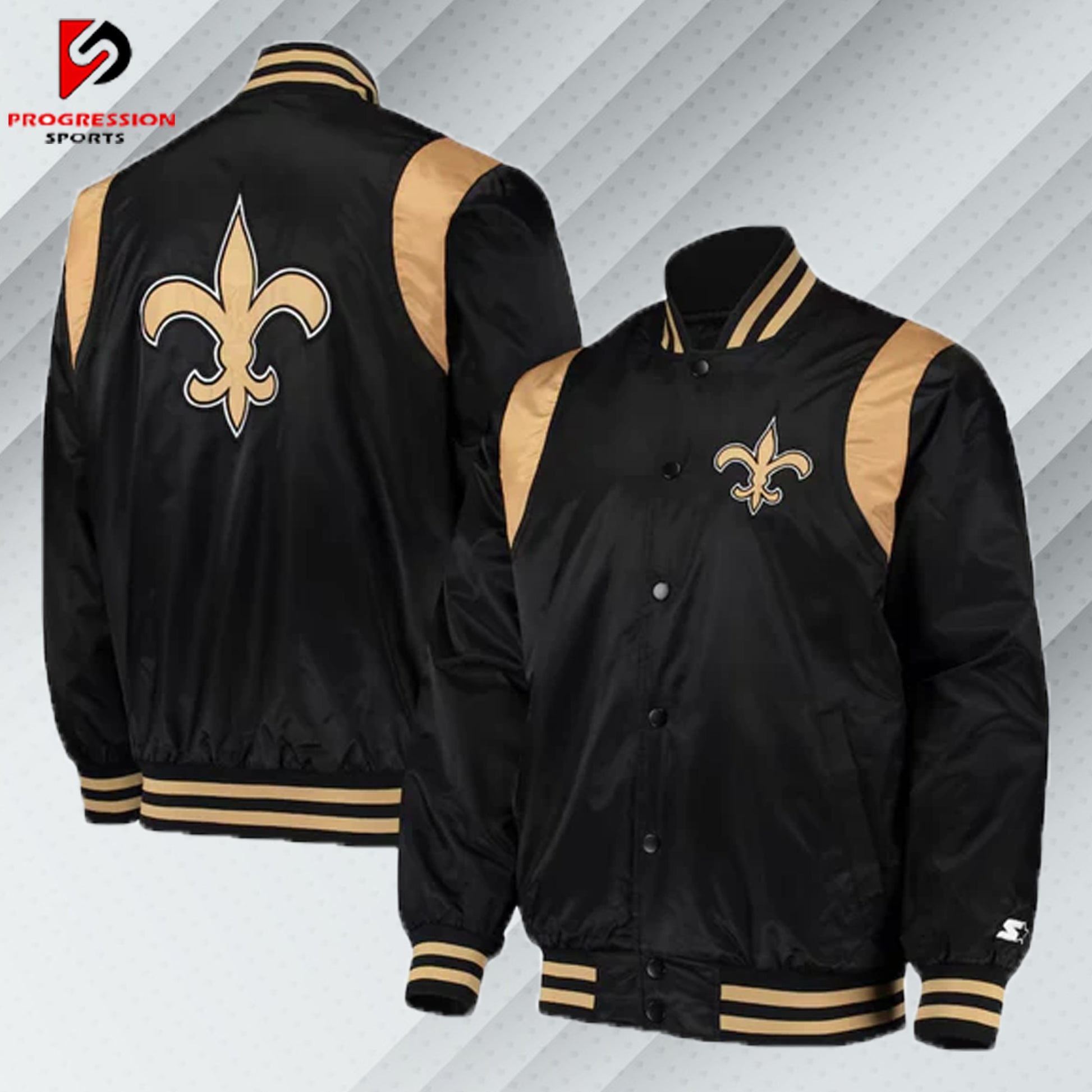 "A stylish varsity jacket featuring a classic design with ribbed cuffs, collar, and hem, showcasing bold contrasting colors and embroidered logos on the chest and back, perfect for a sporty yet casual look."