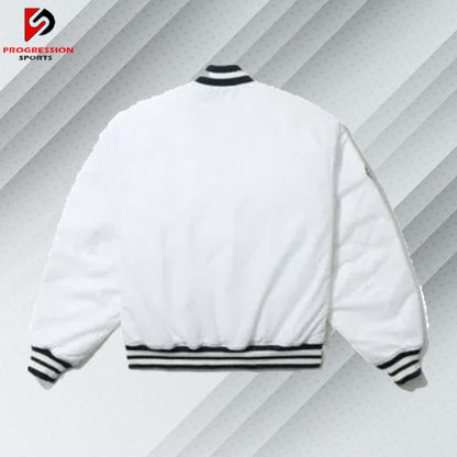  "A stylish varsity jacket with a classic design, featuring customizable patches and logos on a durable, high-quality fabric. Perfect for showcasing school spirit or making a fashion statement."