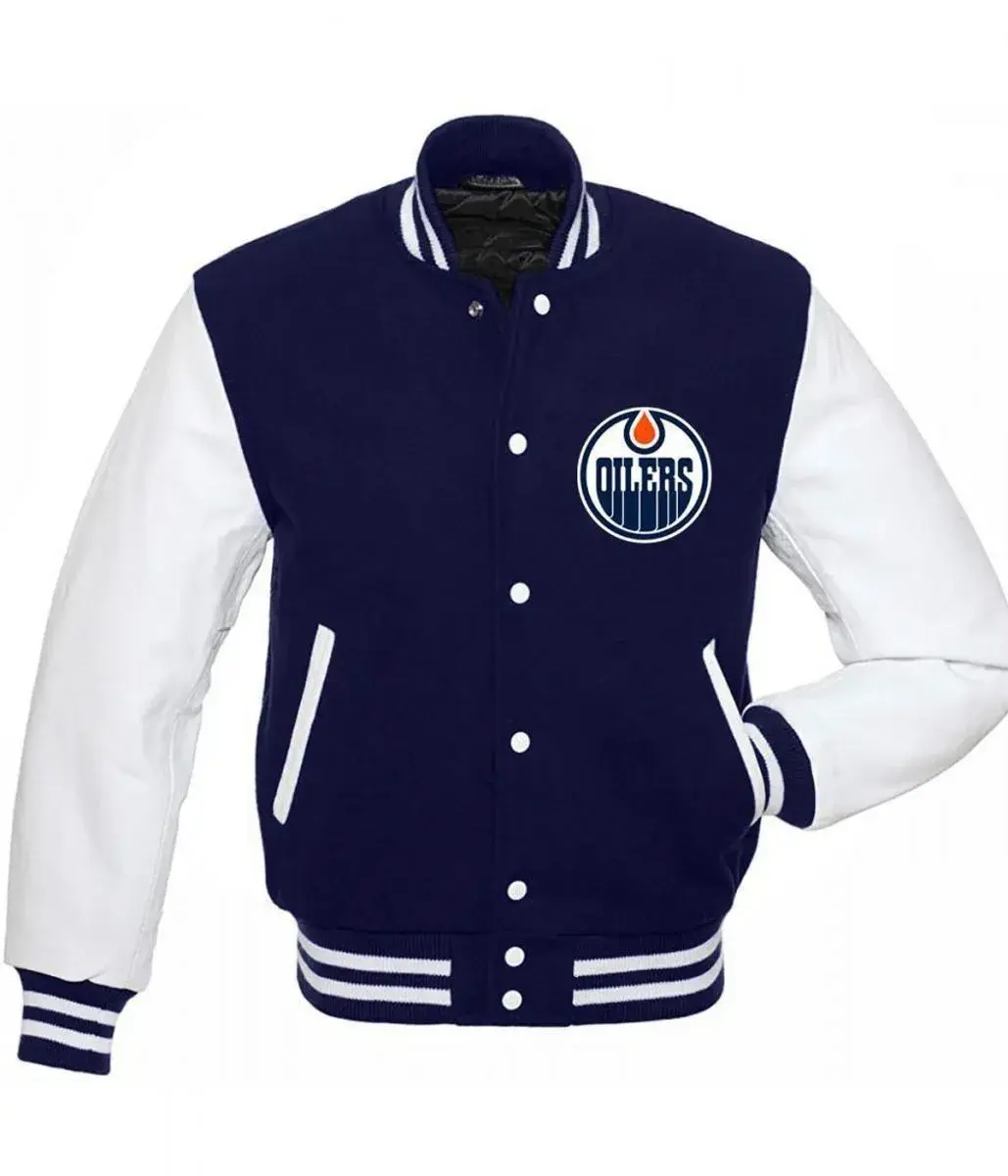 Edmonton Oilers Bomber Jacket Navy Wool Leather