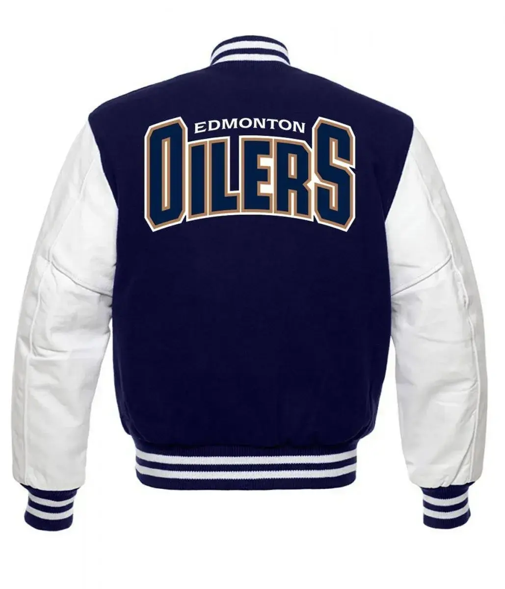 Edmonton Oilers Bomber Jacket Navy Wool Leather