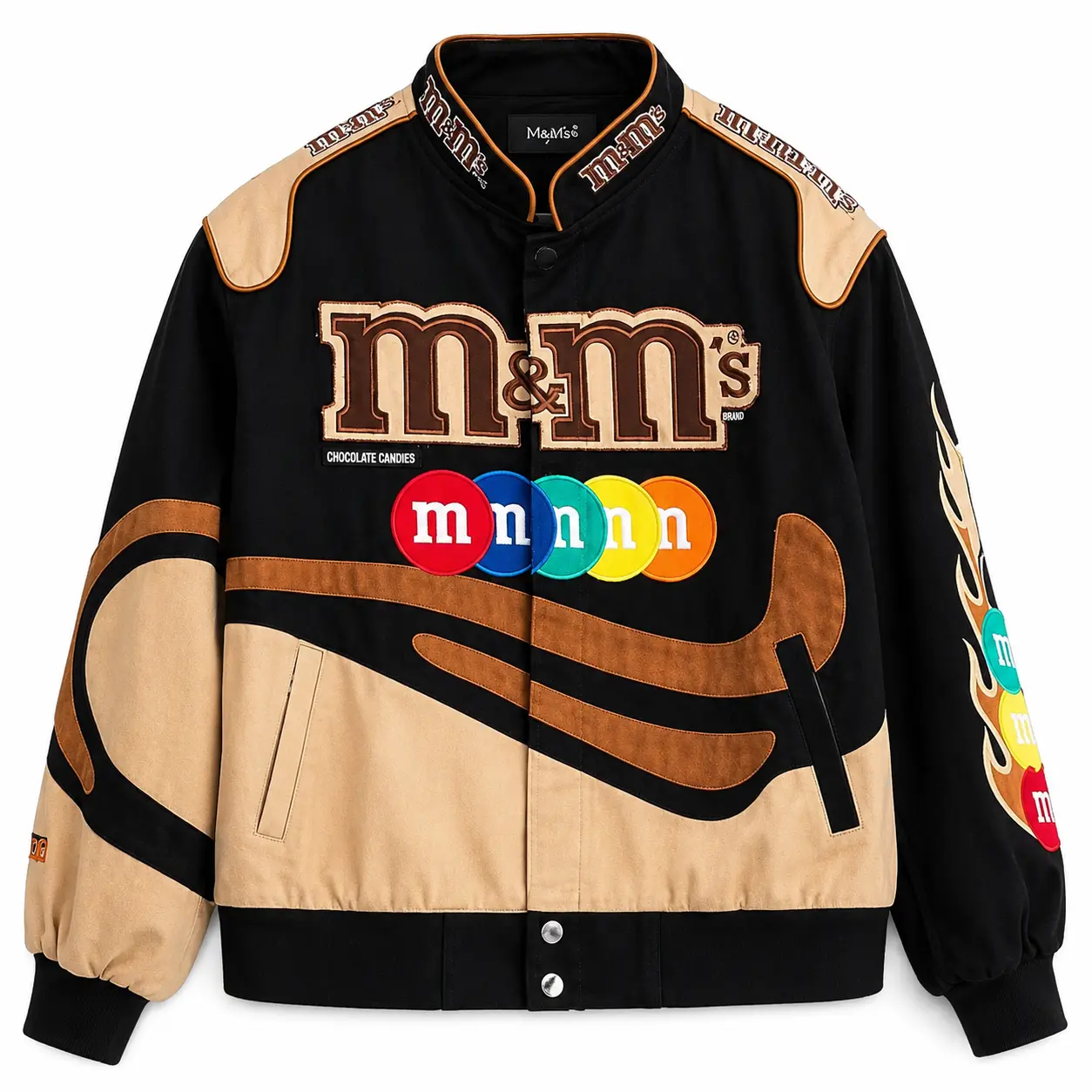 M&M NASCAR Racing Jacket Black Tan Varsity