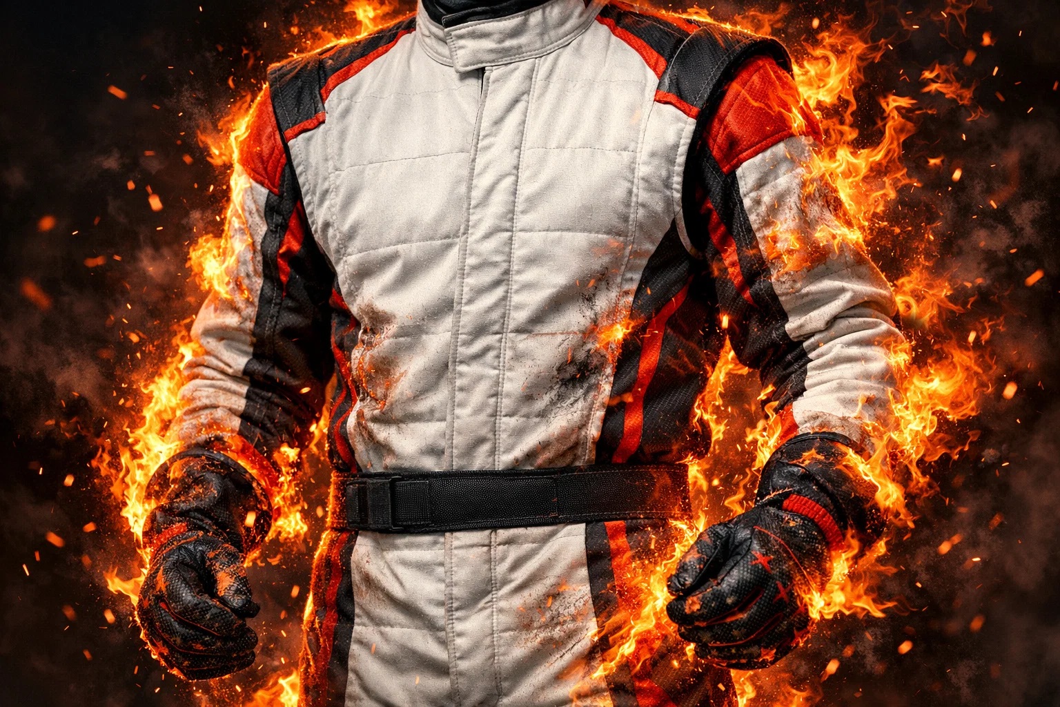 Aramid multi-layer F1 race suit with reinforced seams for flame resistance.