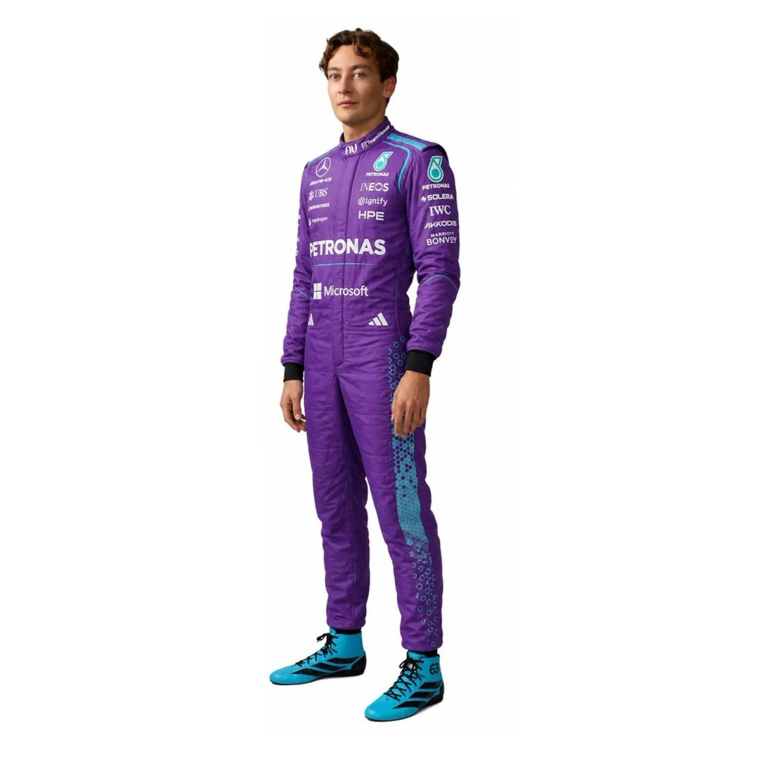 2026 George Russell Mercedes F1 race suit replica front view 2026 George Russell Mercedes F1 race suit replica front view