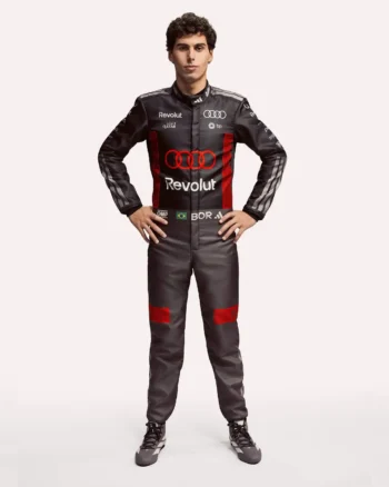 Gabriel Bortoleto 2026 F1 livery style kart suit in black and grey with red accents, full front view