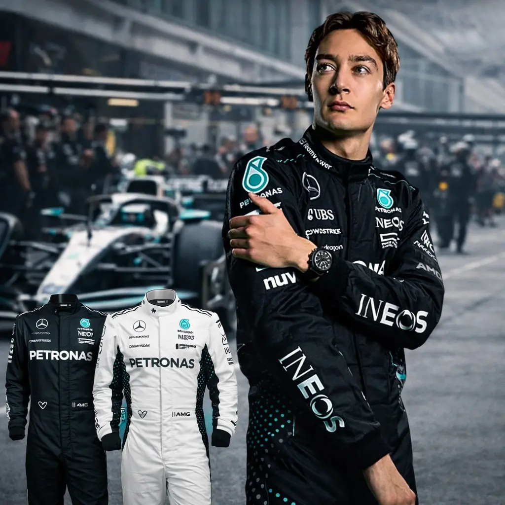 George Russell wearing a black 2024 Mercedes-AMG PETRONAS team racing suit